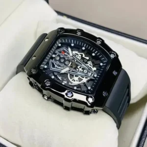 Men's Black Skeleton Watch | Chronograph Style Rubber Strap Pakistan