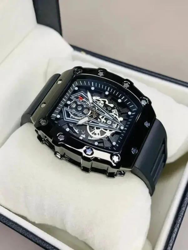 Men's Black Skeleton Watch | Chronograph Style Rubber Strap Pakistan